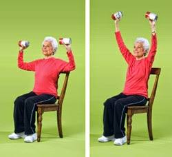 elderly lady lifting weights over her head sitting on chair